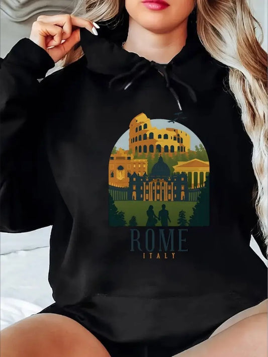 Colosseum Statue Building Printed Hoodie, Women's Casual Comfortable Fit Classic Design Sweatshirt