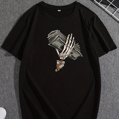 Cartoon Skeleton Hand And Cash Graphic Print, Men's Innovative Design T-shirt, Summer Casual Comfortable T-shirt, Daily Activity Men's Top